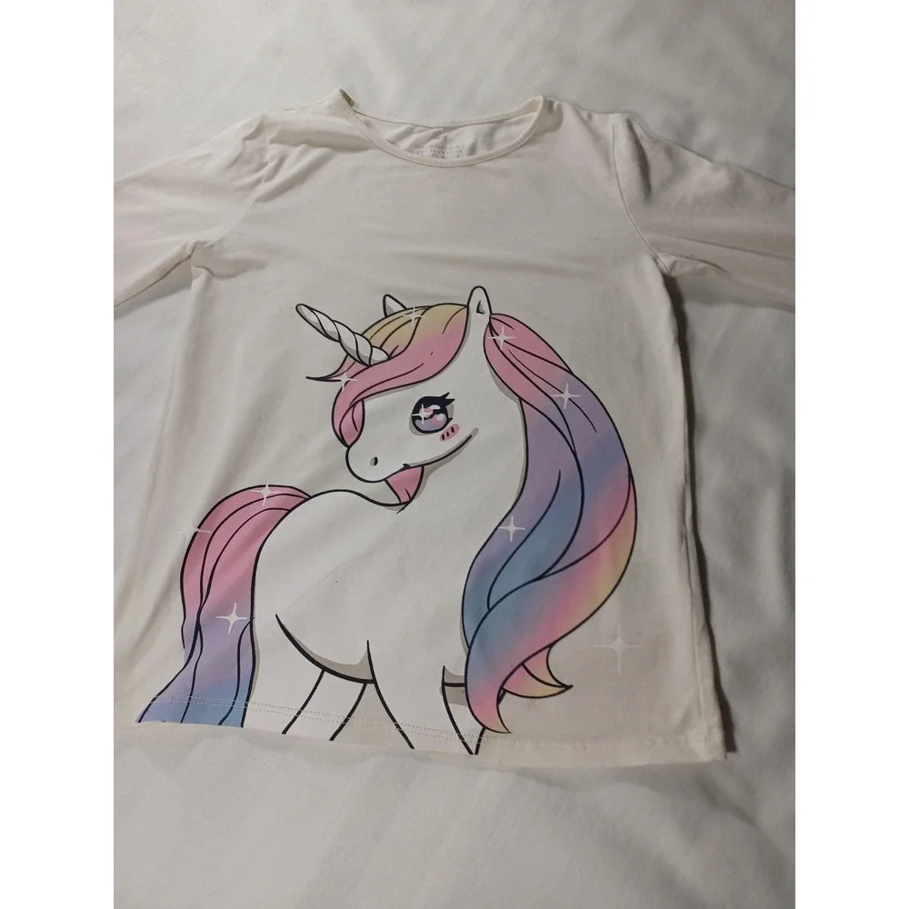 H&M Shirt Girls 6-8Y 122/128 White Long Sleeve Unicorn Rainbow Graphic Tee Kids - Picture 2 of 4